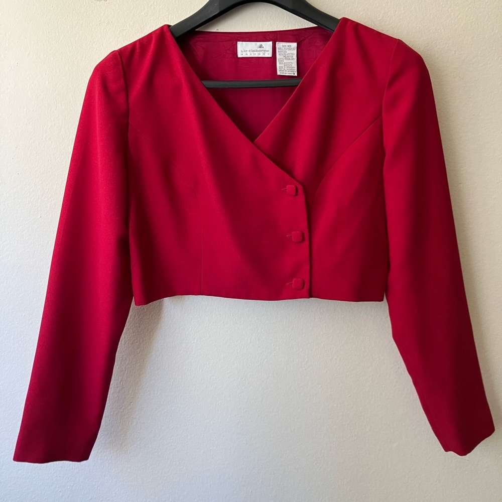 Vintage '80s Liz Claiborne Cropped Red Jacket Button Front V-neck size Large